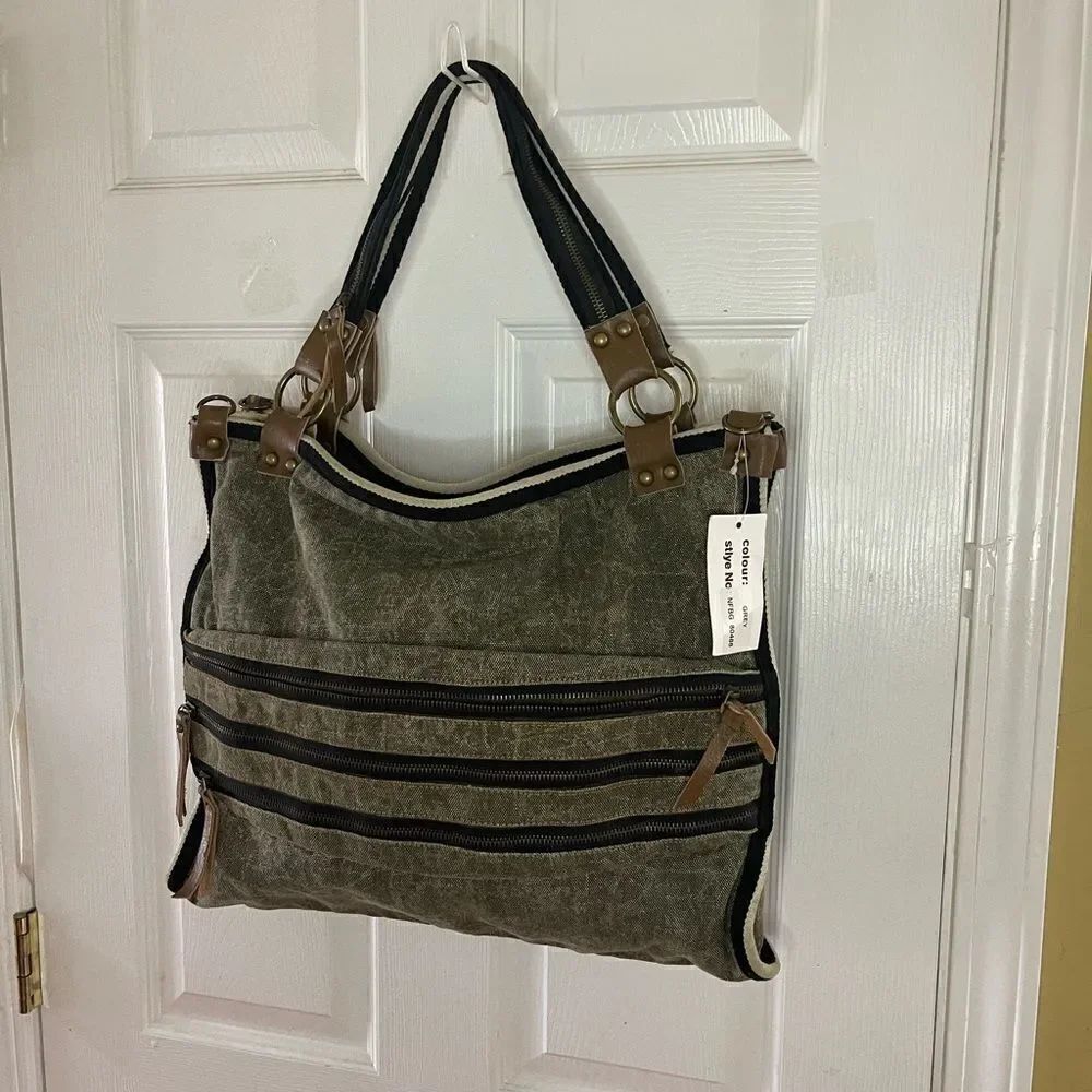 Uddini grey distressed canvas large tote with brown faux leather trims